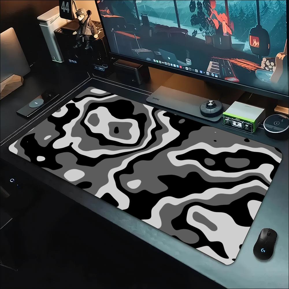 Work Desk Home Setup - Desk Mat Grey White Topographic Swirl