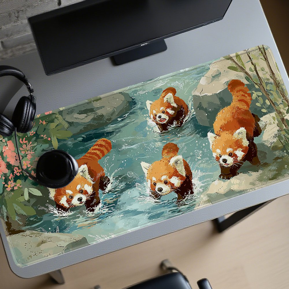 Desk Setup Streaming - Four Red Pandas Playing in Stream