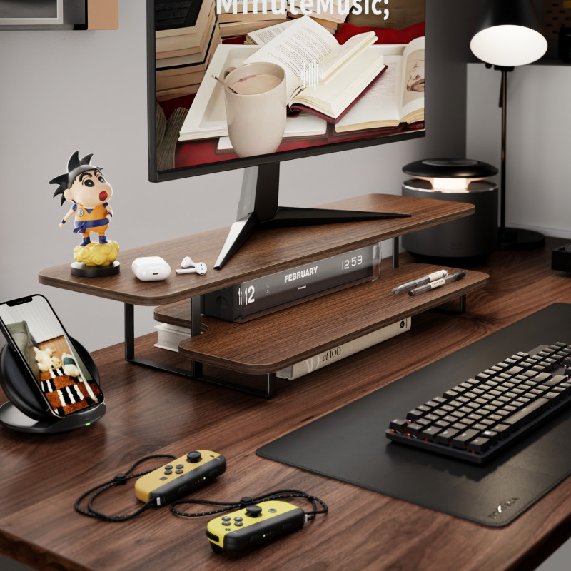 Walnut Finish Monitor Stand Ri - огляд і ціна Desk Setup Laptop And Monitor