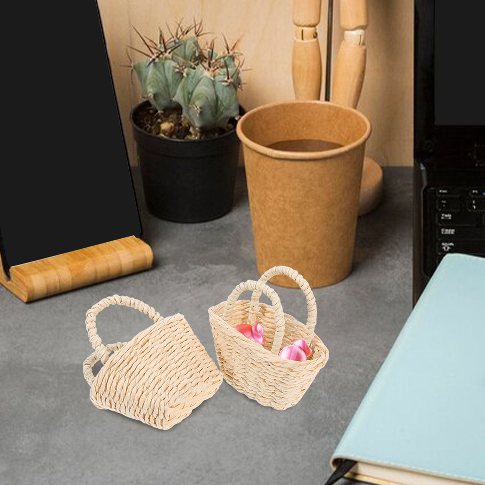 2Pcs Mini Raffia Handle Basket - огляд і ціна Desk Setup For Small Space